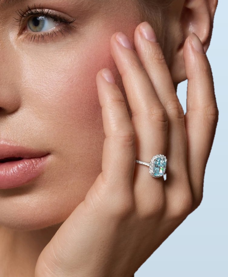 Close-up of a model wearing an aquamarine ring